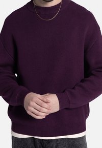 Lilla strikket sweater med rund hals, ribstrikkede ærmegab og kant. Har en blød tekstur og afslappet pasform, lagdelt over en hvid skjorte.