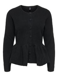 Schwarze Strickjacke aus strukturierter Stoff, mit rundem Ausschnitt, langen Ärmeln und einem Taillen-Peplum sowie Knopfverschluss vorne.
