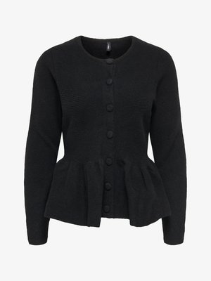 Black cardigan made of textured fabric, featuring a round neckline, long sleeves, and a peplum waist with button closures down the front.