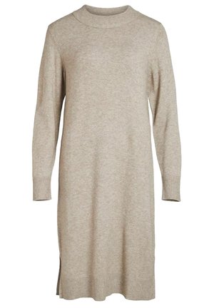 Robe-pull beige à manches longues en maille, avec poignets, col et ourlet côtelés, dotée de fentes latérales pour un confort supplémentaire.