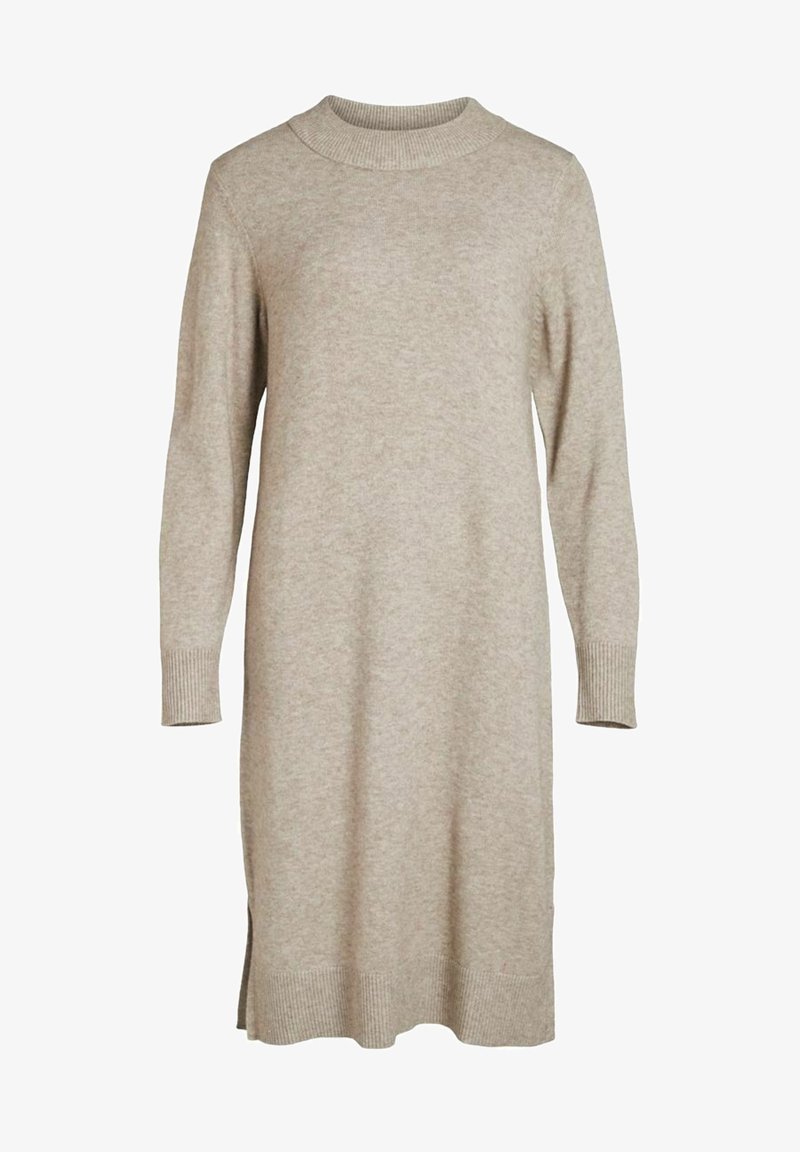 Robe-pull beige à manches longues en maille, avec poignets, col et ourlet côtelés, dotée de fentes latérales pour un confort supplémentaire.