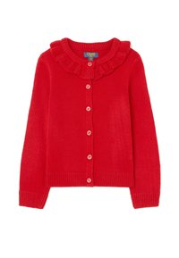 Rode gebreide cardigan met een gerimpelde kraag, knopen aan de voorkant, geribbelde manchetten en zoom. Gemaakt van zacht stof voor comfortabel dragen.