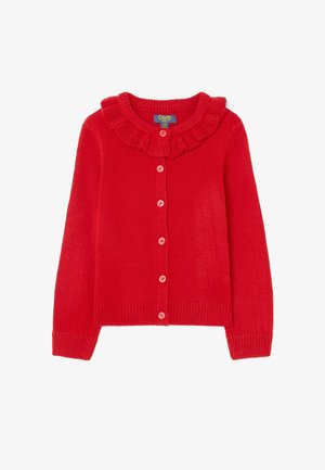 Rode gebreide cardigan met een gerimpelde kraag, knopen aan de voorkant, geribbelde manchetten en zoom. Gemaakt van zacht stof voor comfortabel dragen.