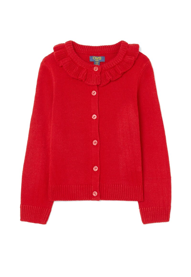 Rode gebreide cardigan met een gerimpelde kraag, knopen aan de voorkant, geribbelde manchetten en zoom. Gemaakt van zacht stof voor comfortabel dragen.