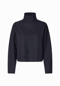 Skórzany sweter z wysokim kołnierzem w ciemnym granacie, wykonany z miękkiej, dzianinowej tkaniny. Posiada długie rękawy oraz gładką teksturę bez widocznych wzorów.