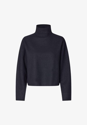 Pull court à col roulé en navy foncé, fabriqué en tissu tricoté doux. Présente des manches longues et une texture lisse sans motifs visibles.