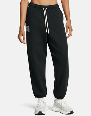 Black jogger pants with an elastic waistband, drawstring, and ribbed cuffs. Features white embroidery on the left thigh.