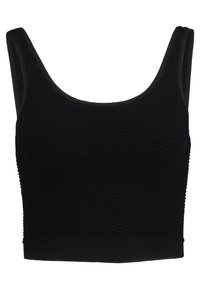 Black crop top made of textured fabric with a wavy pattern, featuring wide straps and a rounded neckline, without any added embellishments.