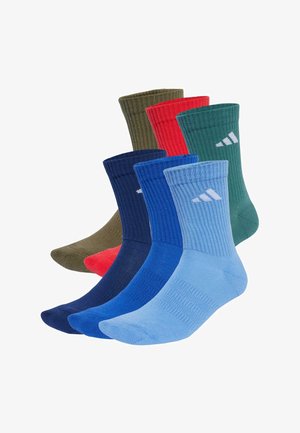 Cinque paia di calzini in vari colori: oliva, rosso, verde, blu scuro, blu e azzurro chiaro; texture a costine con un logo sul lato.