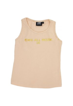 Débardeur beige à encolure ronde, avec l’inscription dorée « CHIC ALL WEEK » sur la poitrine.