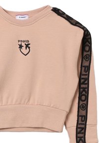 Felpa beige con logo "PINKO" nero e simboli di cuore, stella e uccello sul petto, e nastro brandizzato nero lungo la manica.