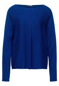 Maglione blu lavorato a maglia con una vestibilità comoda, ampia scollatura a barca e maniche lunghe. Tessuto liscio e design semplice senza decorazioni.