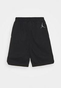 Schwarze Sportshorts aus einem Baumwollgemisch. Sie verfügen über einen elastischen Bund, seitliche Taschen und ein graues Jumpman-Logo auf der linken Vorderseite.