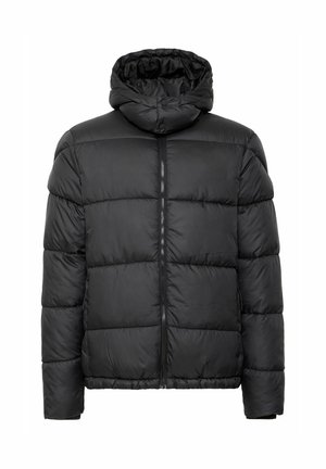 Schwarze Puffjacke mit gestepptem Design, Reißverschluss vorne und Kapuze. Sie hat eine glatte Textur und elastische Bündchen für einen eng anliegenden Sitz.