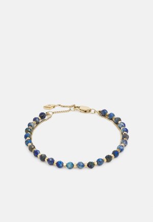 Bracelet chaîne en or avec de petites perles rondes facettées alternant or et bleu, doté d'un fermoir et d'une chaîne d'extension réglable.