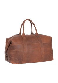 Borsa duffel in cuoio marrone con doppi manici, texture liscia, forma arrotondata e cuciture orizzontali. Presenta dettagli hardware laterali.