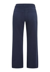 Donkerblauwe wijde broek gemaakt van een katoenmix, met een ontspannen pasvorm en twee achterzakken met gestikte details.
