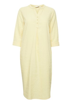 Yellow linen dress with a v-neckline, four front buttons, and three-quarter sleeves. Features a loose fit and a knee-length design.