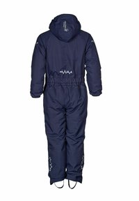 Børns marineblå isolerede vinterdragt med hætte, elastisk talje, reflekterende detaljer på arme, ryg og ben samt fodstropper ved bukseender.