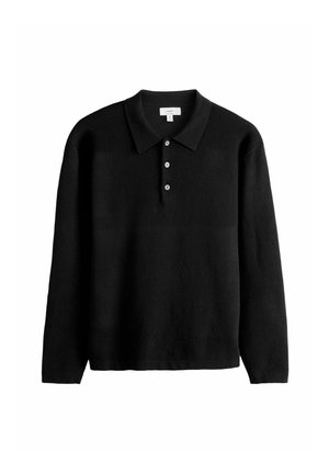 Black long-sleeve polo shirt with three white buttons and a collar, displayed on a plain white background.