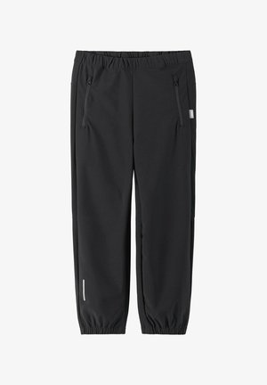 Schwarze Hosen mit elastischem Bund, vorderen Reißverschlusstaschen, elastischen Bündchen und einem kleinen reflektierenden Streifen nahe dem linken Knöchel.