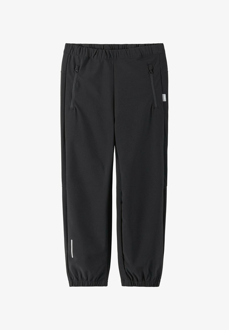 Pantalon noir à taille élastique avec poches avant zippées, poignets élastiques et une petite bande réfléchissante près de la cheville gauche.