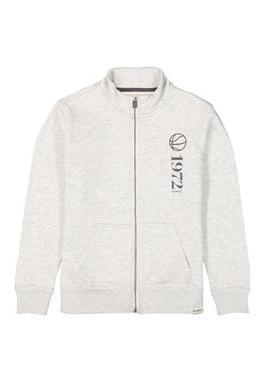 Sudadera de cremallera en gris claro con cuello alto, dos bolsillos frontales y texto impreso "1972" con un icono de baloncesto en el lado izquierdo.