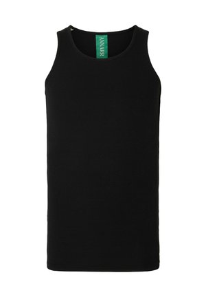 Černý žebrovaný top na ramínka se širokými ramenními pásky a zelenou nášivkou na límci. Tkanina má hladkou texturu a přiléhavý střih.