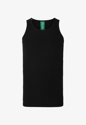 Czarny prążkowany top na szerokich ramiączkach, z zieloną metką przy dekolcie. Tkanina ma gładką teksturę i dopasowany krój.