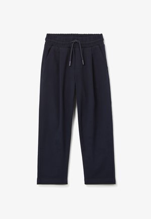 Marineblauwe sweatpants van zachte stof, met een elastische tailleband en verstelbaar trekkoord, en twee zijzakken. Vlakke naden en getailleerd ontwerp.