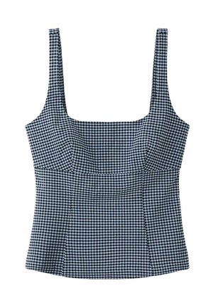 Maiou fără mâneci cu model gingham alb-negru, cu decolteu pătrat, bretele late și corp strâmt.