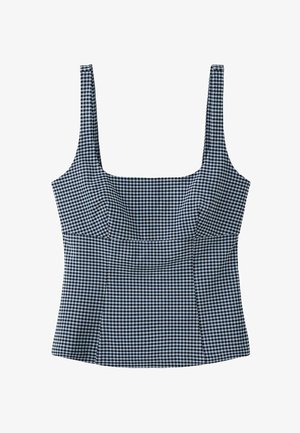 Maiou fără mâneci cu model gingham alb-negru, cu decolteu pătrat, bretele late și corp strâmt.