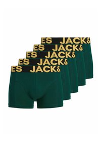 Grüne Baumwoll-Boxershorts mit einem schwarzen elastischen Bund, der gelben "JACK&"-Schriftzug trägt. Fünf Paare in einer Reihe präsentiert, mit glatter Textur.