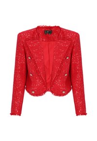 Rode blazer met pailletten en een gestructureerde afwerking, dubbelgeknoopt ontwerp en zilveren knoopaccenten. Afgewerkte, rafelige randen, cropped silhouet, gevoerde binnenkant.