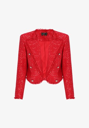 Czerwona marynarka z cekinami o fakturowanym wykończeniu, dwurzędowym kroju i srebrnymi guzikami. Postrzępione krawędzie, krótki krój, podszewka wewnętrzna.