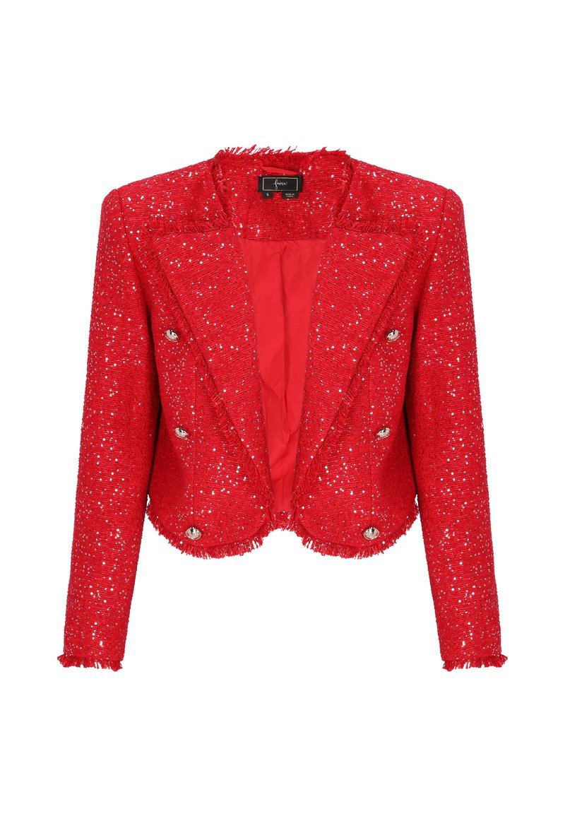 Rode blazer met pailletten en een gestructureerde afwerking, dubbelgeknoopt ontwerp en zilveren knoopaccenten. Afgewerkte, rafelige randen, cropped silhouet, gevoerde binnenkant.
