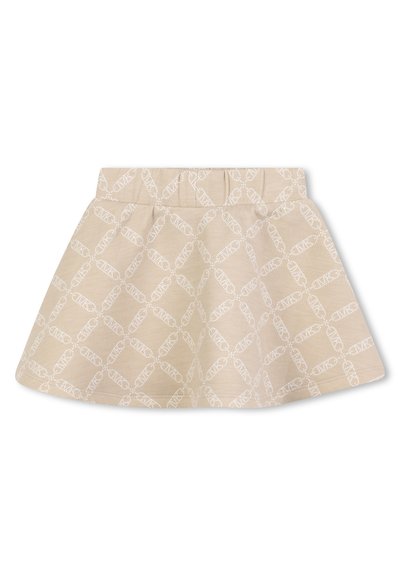Jupe beige avec un motif abstrait blanc sur l'ensemble, dotée d'une taille froncée et d'une silhouette évasée. Fabriquée en tissu doux.