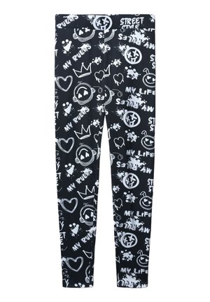 Leggings neri con una stampa grafica di doodle bianchi, tra cui corone, cuori e faccine sorridenti, su un tessuto liscio e elasticizzato.