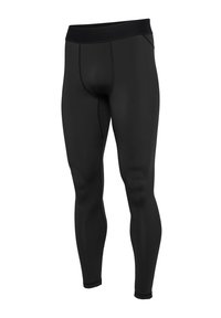 Schwarze Sportleggings mit glatter Textur, elastischem Bund und genähten Nähten. Entwickelt für Komfort und Flexibilität in der Sportbekleidung.