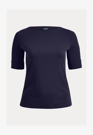 Top azul-marinho de mangas curtas com decote redondo e punhos dobrados. Feito de um tecido liso e leve, adequado para uso casual.