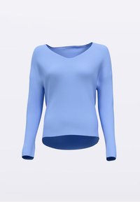 Helehall sinine V-kaelusega kampsun pikemate varrukatega, sileda tekstuuriga ja kaardus äärega. Valmistatud pehmest kangast, millel on soonikud varrukaotstes.