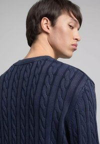 Marineblauwe kabelgebreide trui gezien van achteren, met een gestructureerd patroon en geribde halslijn. Zachte, gebreide stof met lange mouwen.