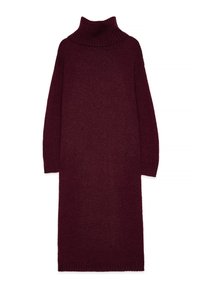 Kootud kõrge krae kleit sügavas burgundia värvis, pika varrukaga, lõdva istuvusega, keskmise säärte pikkusega, ribakudumisega mansetid ja krae detailidega.