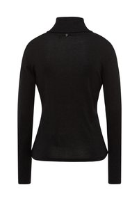 Black long-sleeve top featuring a high collar, smooth texture, fitted design, and a small button detail at the back.