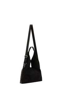 Geantă de umăr din suede negru, cu o formă relaxată, având un bretele lată și accente cu mărgele pe o parte. Textură netedă și design neasistat.