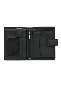 Czarny skórzany portfel z kieszenią na zamek, miejscami na karty i przezroczystym oknem na identyfikator. Posiada fakturowane wykończenie i zatrzask.