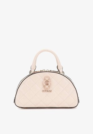Borsa beige trapuntata con forma arrotondata, doppie maniglie superiori, hardware dorato e un accento con logo al centro. Finitura texture.