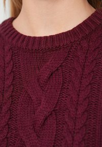 Bourgondische gebreide trui met een geribbelde ronde halslijn en kabelbreipatroon. Dikke textuur, met verhoogde vlechten die visuele interesse creëren.