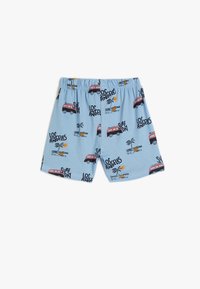 Blå bomuldsshorts med elastisk talje, der har et print af røde biler, palmetræer, surfbrætter og teksten "Los Angeles".