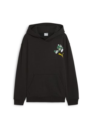 Schwarzer Hoodie mit Fronttasche, versehen mit einer kleinen grünen Cartoonfigur und einem gelben Puma-Logo auf der oberen linken Brust.